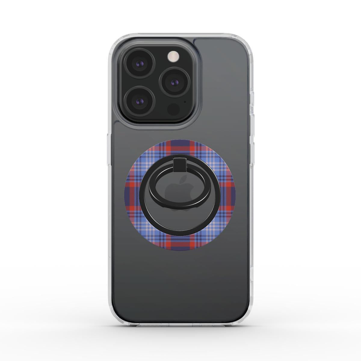 Blue and red tartan ring holder with magnetic phone holder ring, ergonomic grip, and 360° rotation for secure hold