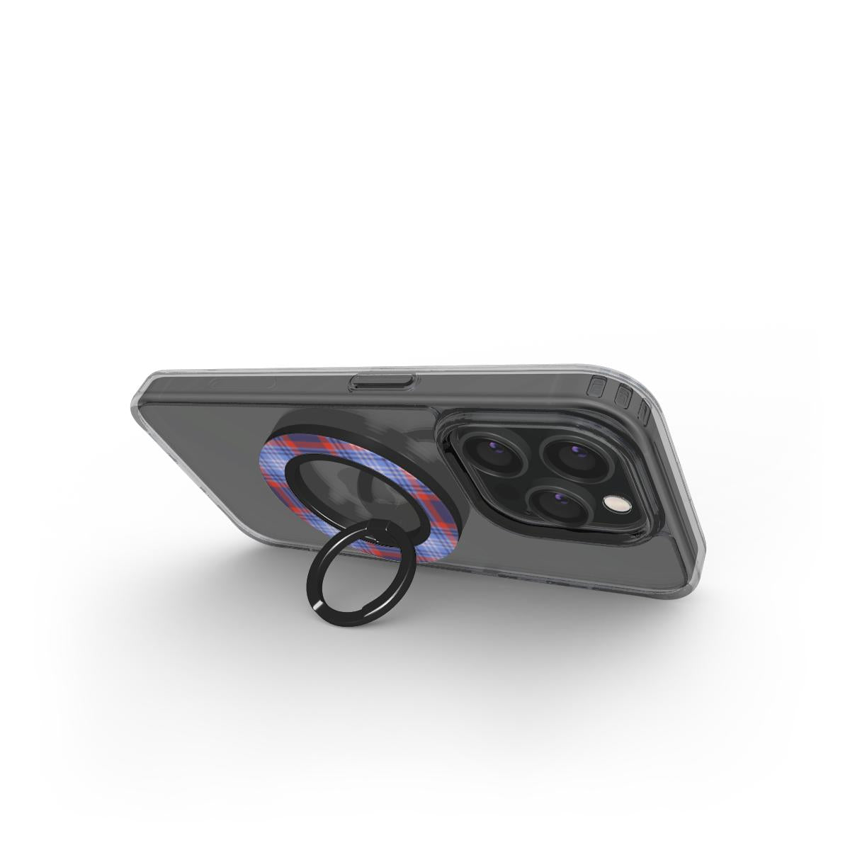Blue and red tartan ring holder with magnetic phone holder ring, ergonomic grip, and 360° rotation for secure hold