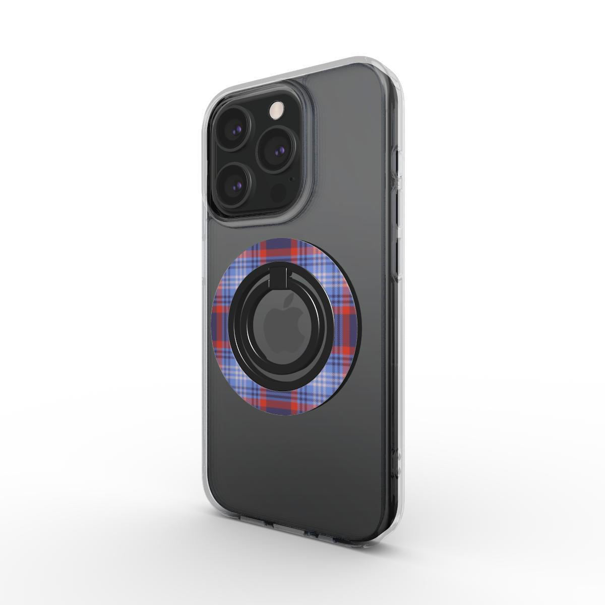 Blue and red tartan ring holder with magnetic phone holder ring, ergonomic grip, and 360° rotation for secure hold