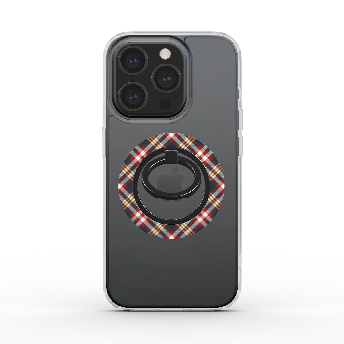 Red yellow and green tartan ring holder with magnetic ring holder design for secure phone grip and stylish accessory