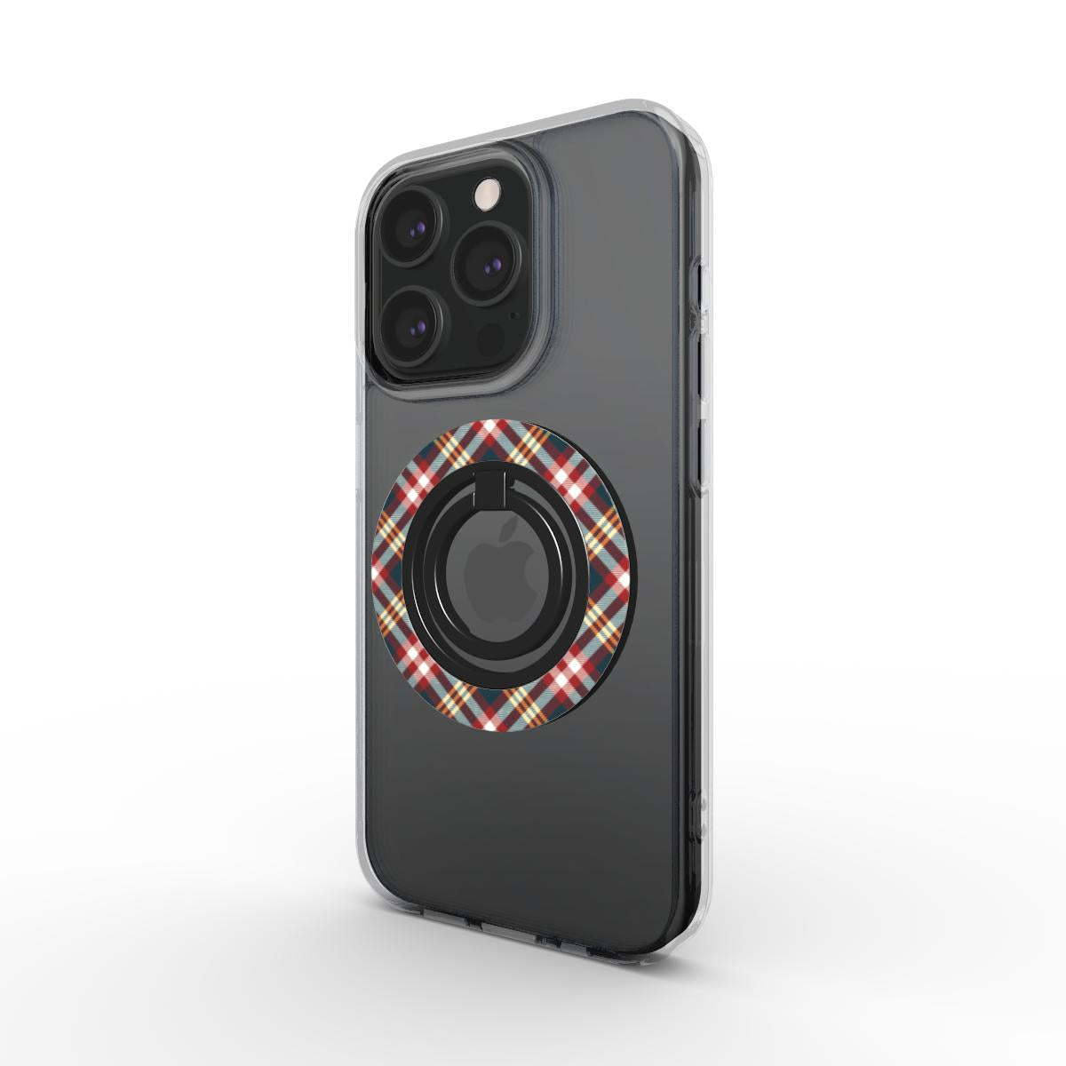 Red yellow and green tartan ring holder with magnetic ring holder design for secure phone grip and stylish accessory