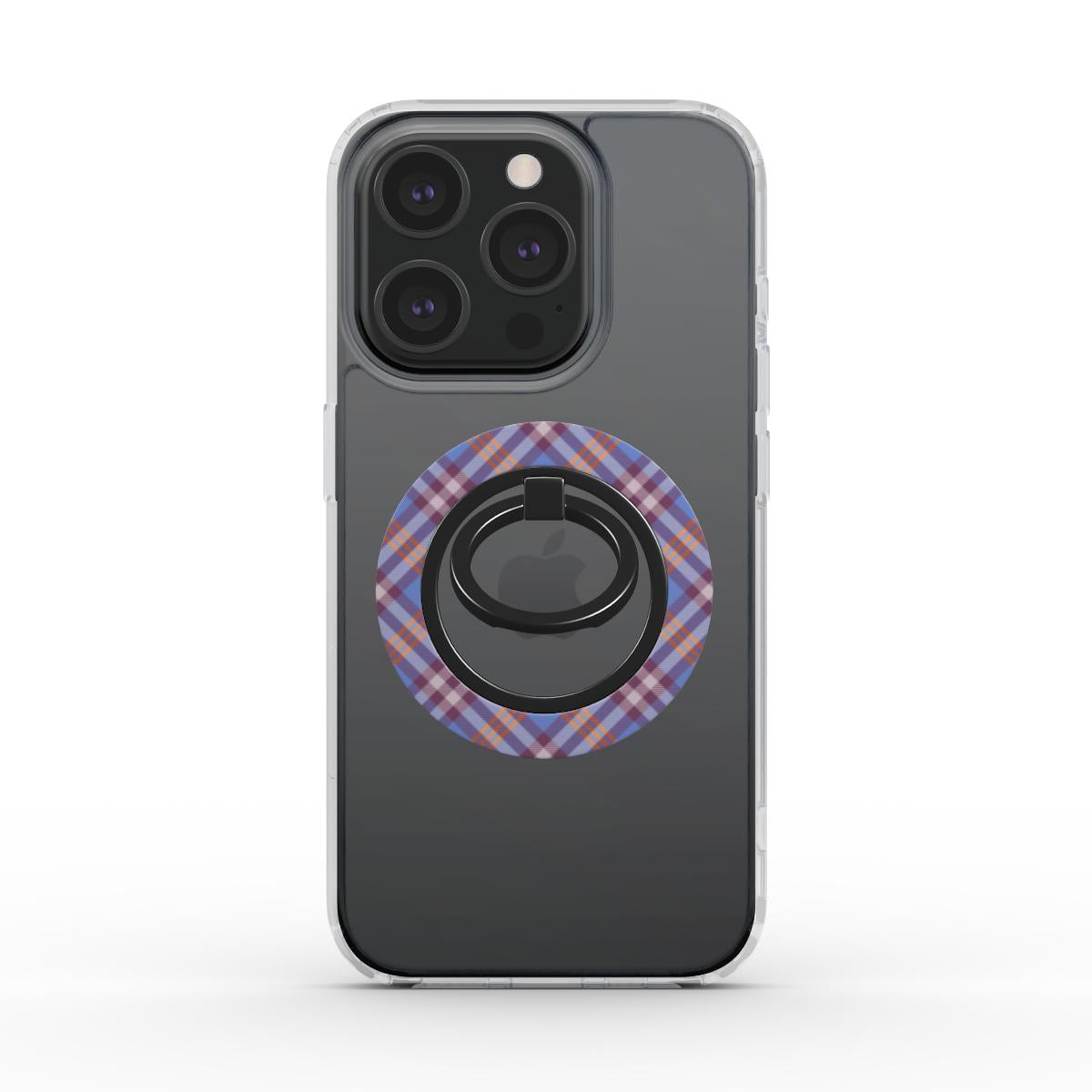 Orange and Violet Tartan Ring Holder with magnetic ring holder, ergonomic grip, and 360° rotation for secure phone use