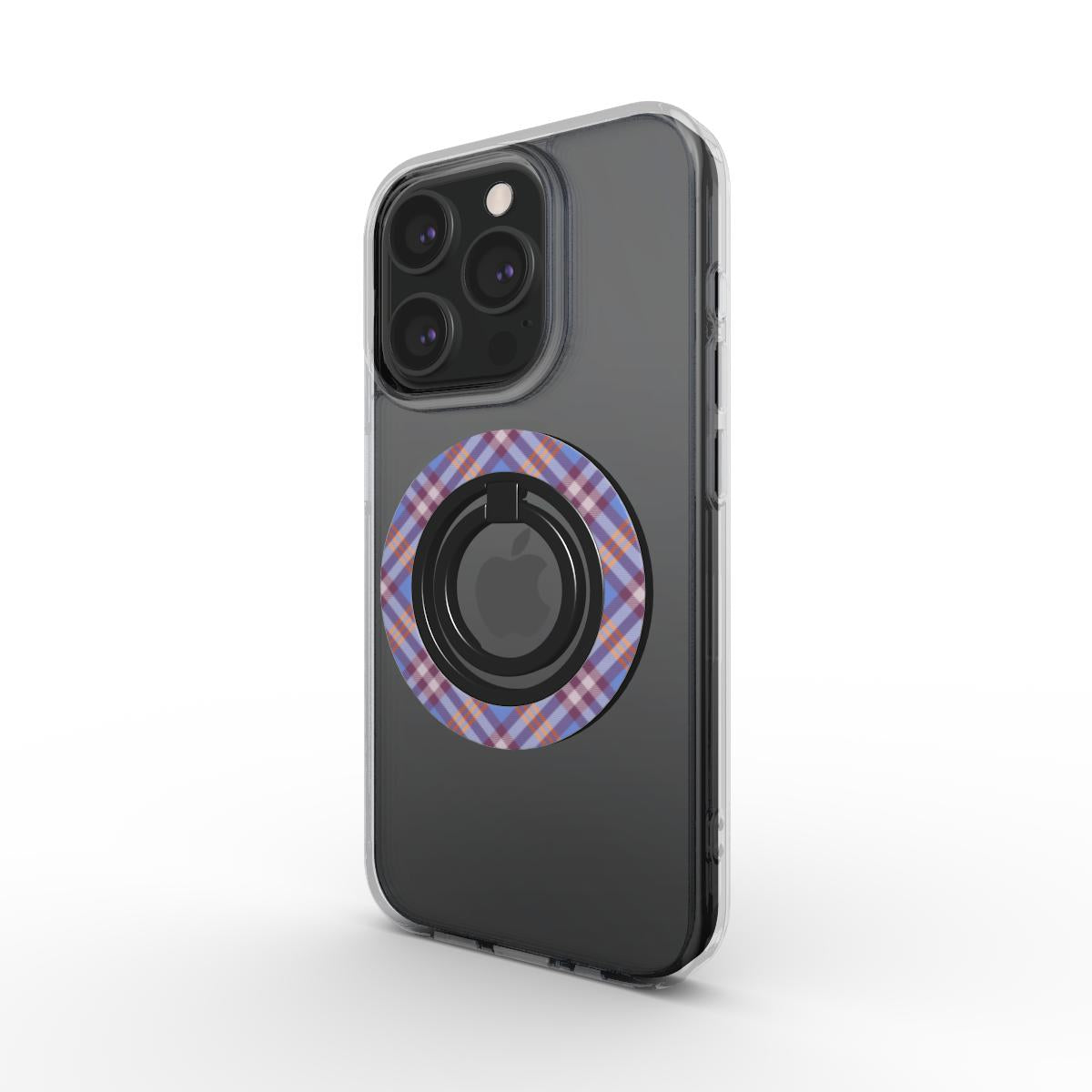 Orange and Violet Tartan Ring Holder with magnetic ring holder, ergonomic grip, and 360° rotation for secure phone use