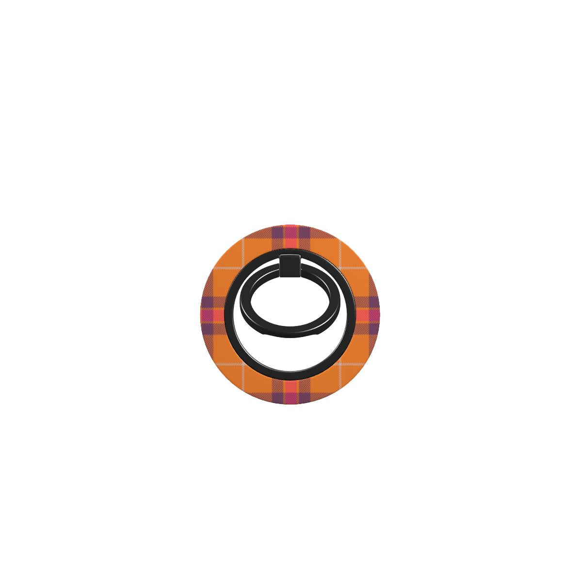 Blue magnetic ring holder with orange, pink and blue tartan design, ergonomic grip, and 360° rotation for phones