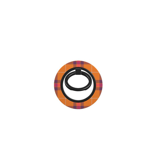 Blue magnetic ring holder with orange, pink and blue tartan design, ergonomic grip, and 360° rotation for phones