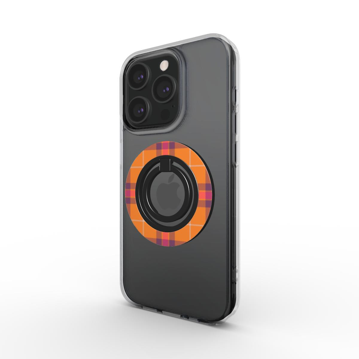 Blue magnetic ring holder with orange, pink and blue tartan design, ergonomic grip, and 360° rotation for phones