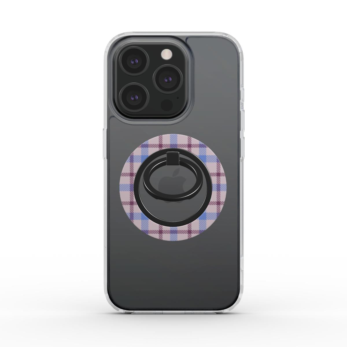 Beige, violet and burgundy tartan ring holder with magnetic ring holder design for secure phone grip and stand
