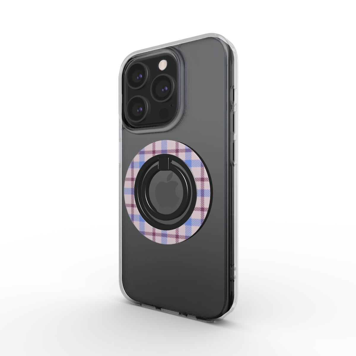 Beige, violet and burgundy tartan ring holder with magnetic ring holder design for secure phone grip and stand