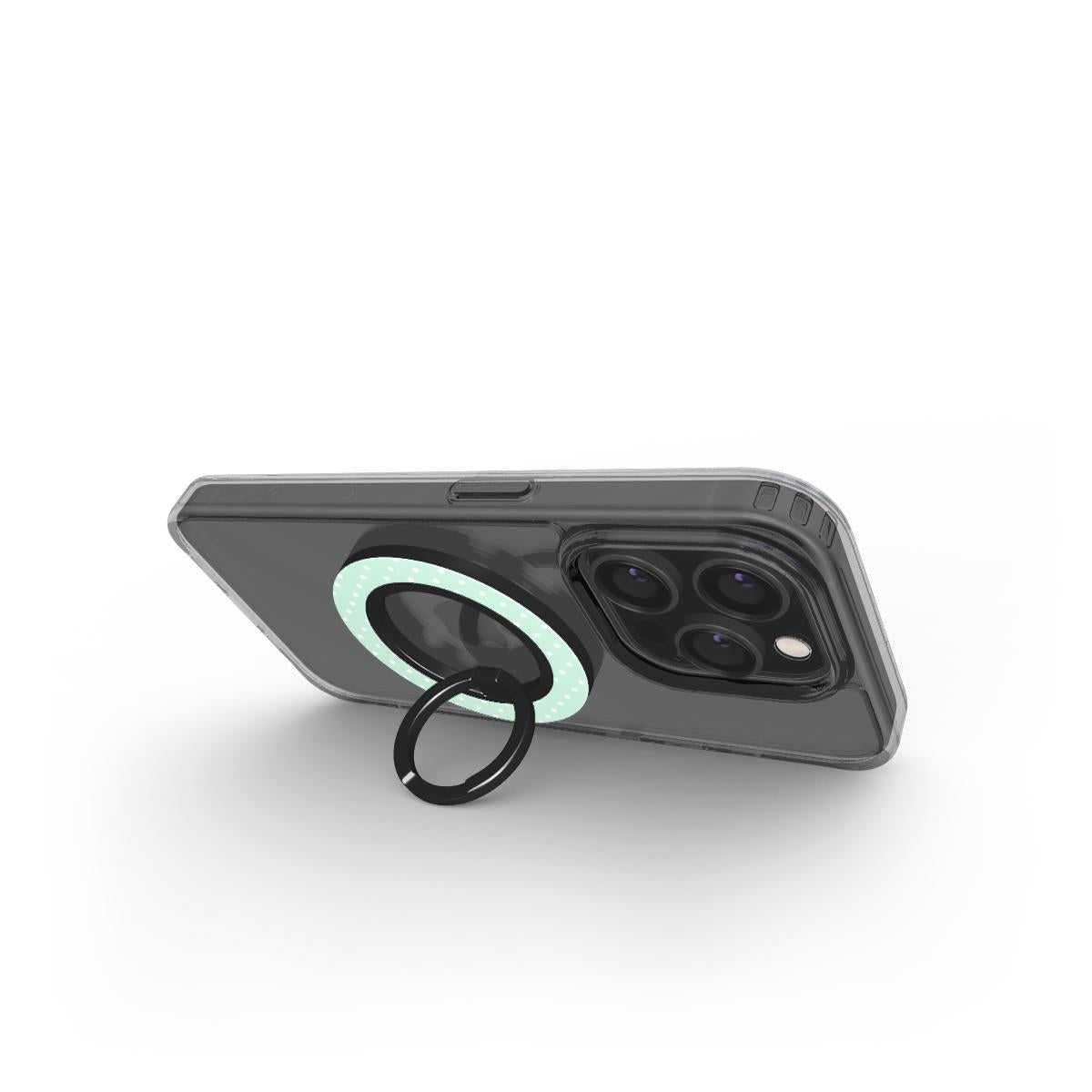 Pastel green polka dot ring holder with magnetic grip, ergonomic phone holder ring, and 360° rotation for secure use