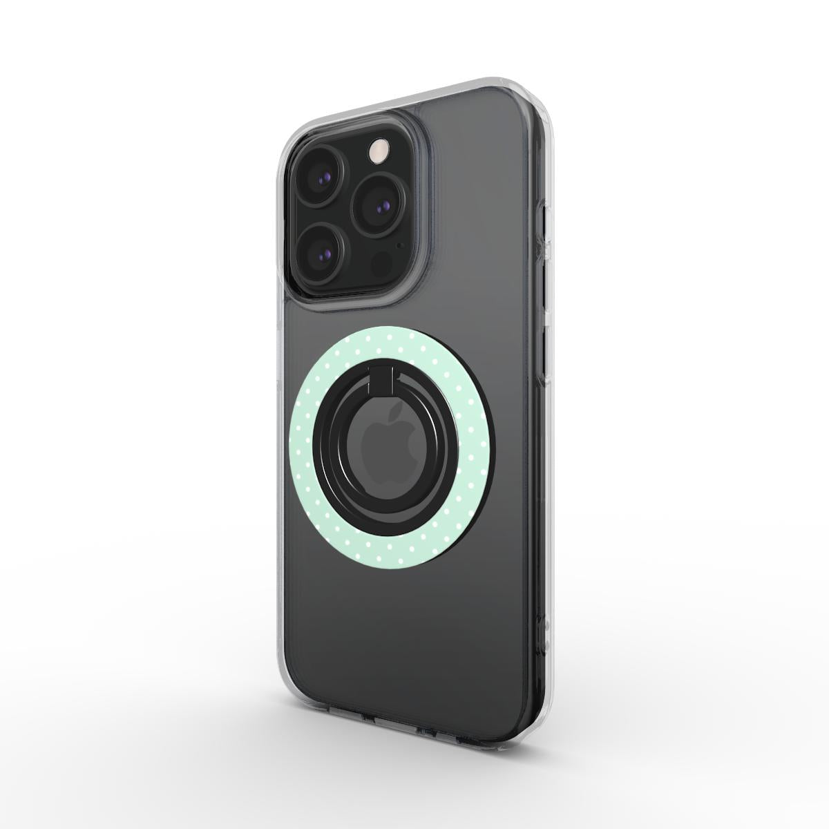 Pastel green polka dot ring holder with magnetic grip, ergonomic phone holder ring, and 360° rotation for secure use
