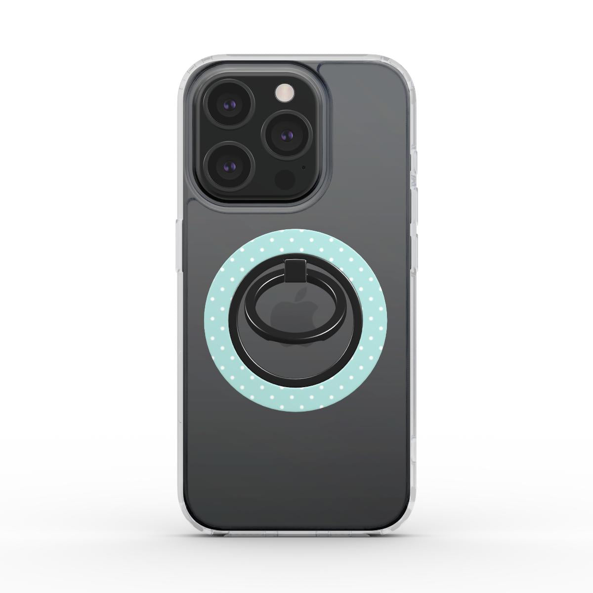 Pastel blue polka dot ring holder with magnetic grip, ergonomic phone holder ring for secure and stylish smartphone use