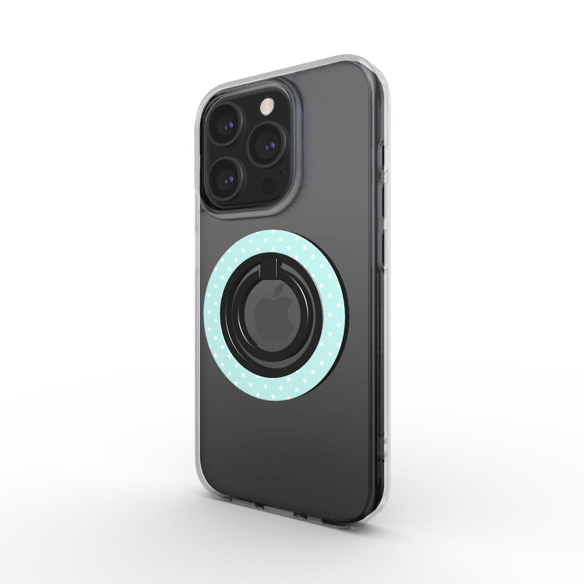Pastel blue polka dot ring holder with magnetic grip, ergonomic phone holder ring for secure and stylish smartphone use