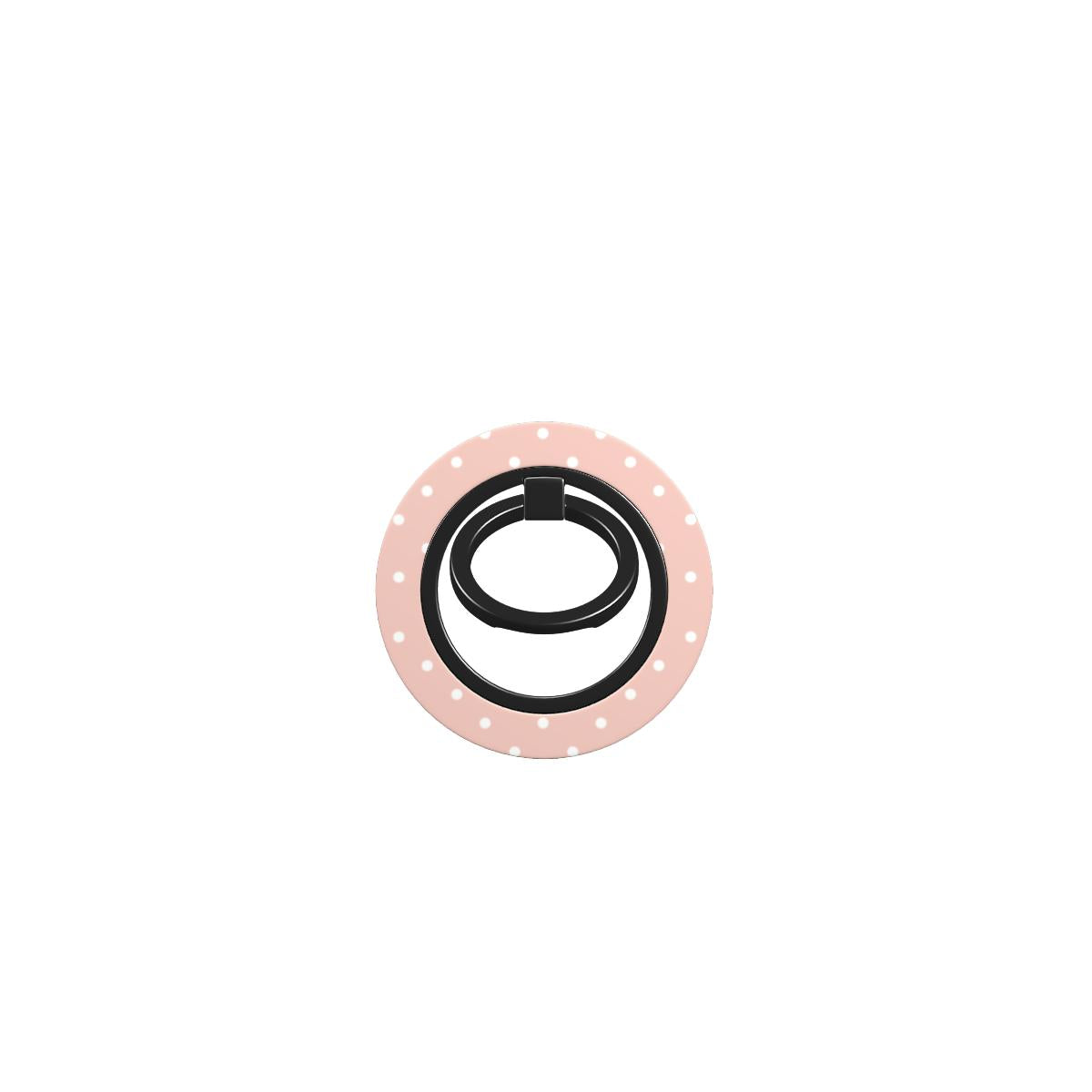 Pink Polka Dot Ring Holder with magnetic grip, pastel pink finish, and ergonomic phone holder ring design