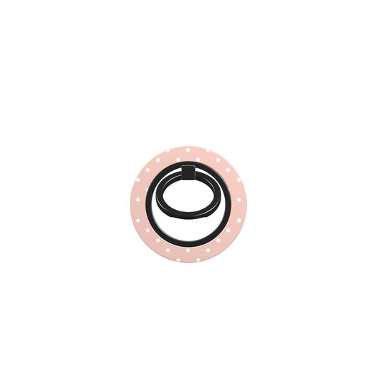 Pink Polka Dot Ring Holder with magnetic grip, pastel pink finish, and ergonomic phone holder ring design