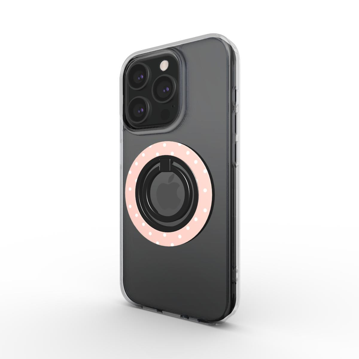 Pink Polka Dot Ring Holder with magnetic grip, pastel pink finish, and ergonomic phone holder ring design