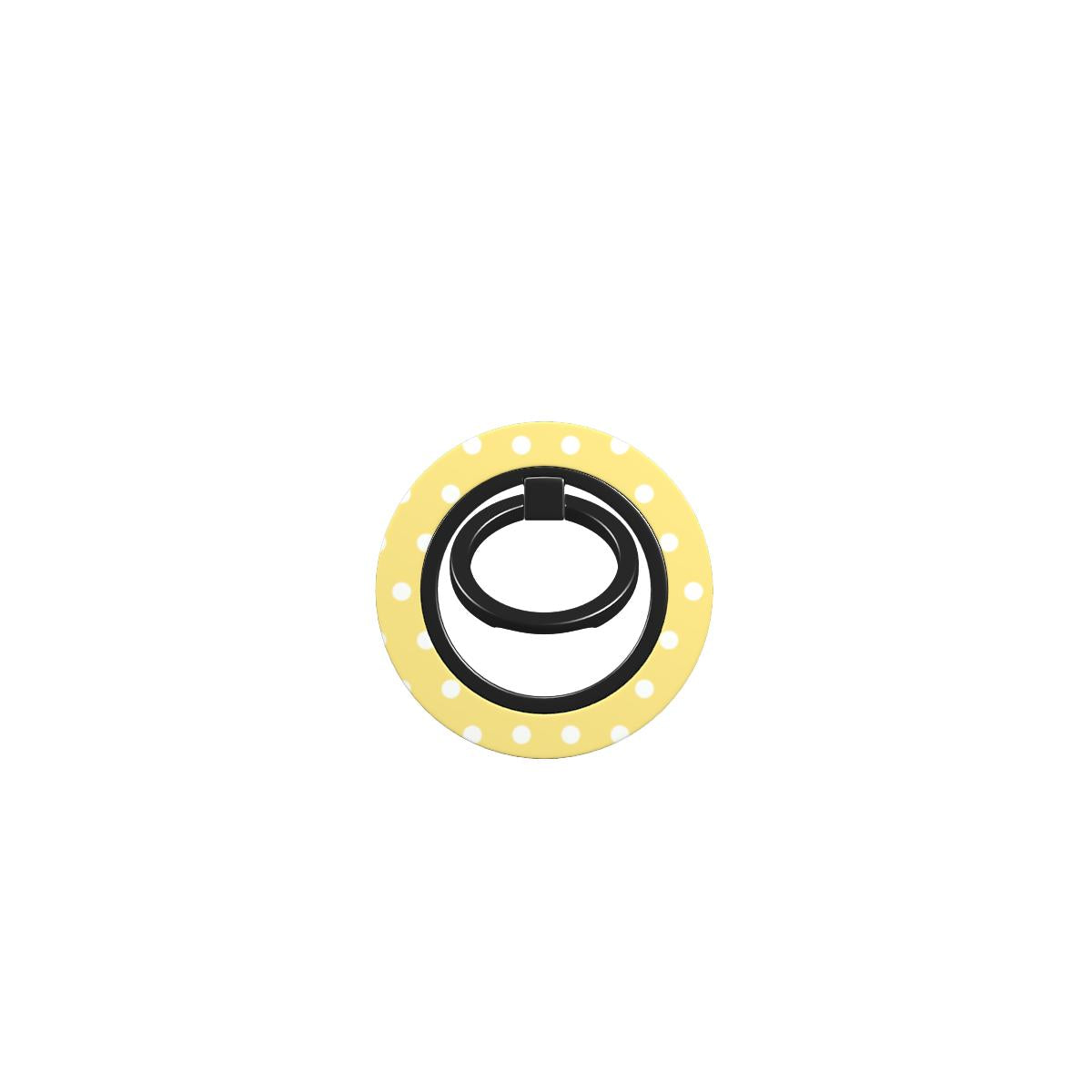 Yellow polka dot ring holder with magnetic phone holder ring, ergonomic grip, and 360° rotation for secure smartphone use