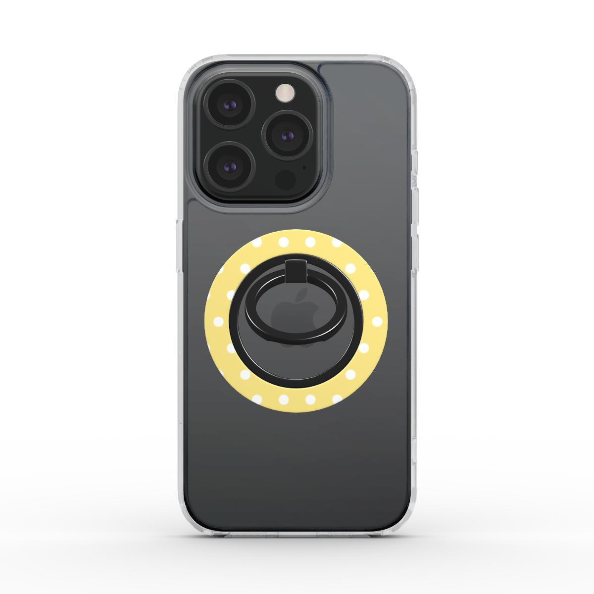 Yellow polka dot ring holder with magnetic phone holder ring, ergonomic grip, and 360° rotation for secure smartphone use