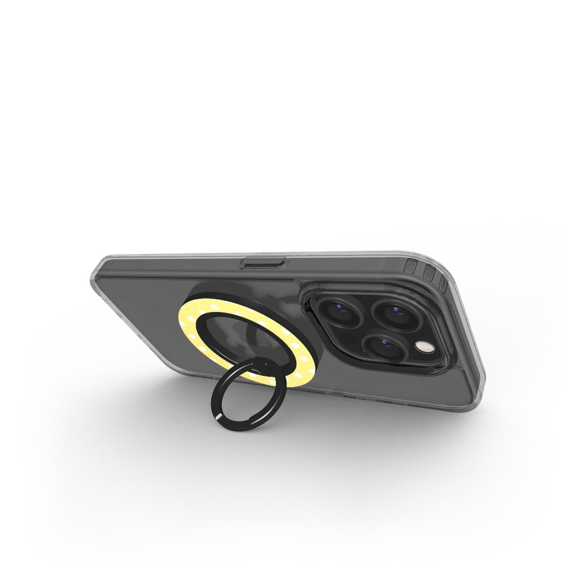 Yellow polka dot ring holder with magnetic phone holder ring, ergonomic grip, and 360° rotation for secure smartphone use