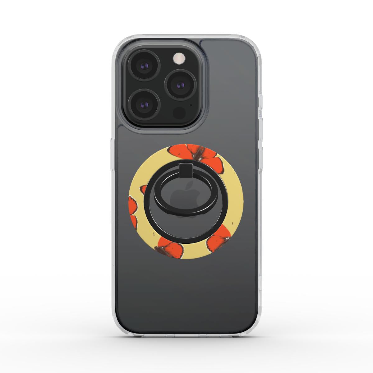 Red butterflies ring holder with magnetic grip, ergonomic design, and 360° rotation for secure phone handling