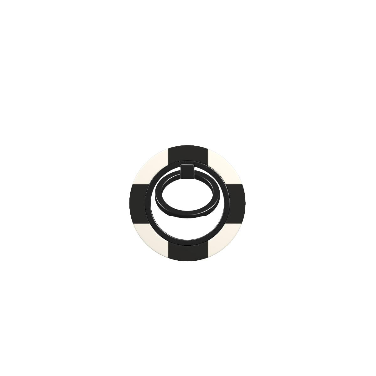 Black and cream ring holder with chequered design, ergonomic magnetic phone holder for secure grip and versatile use