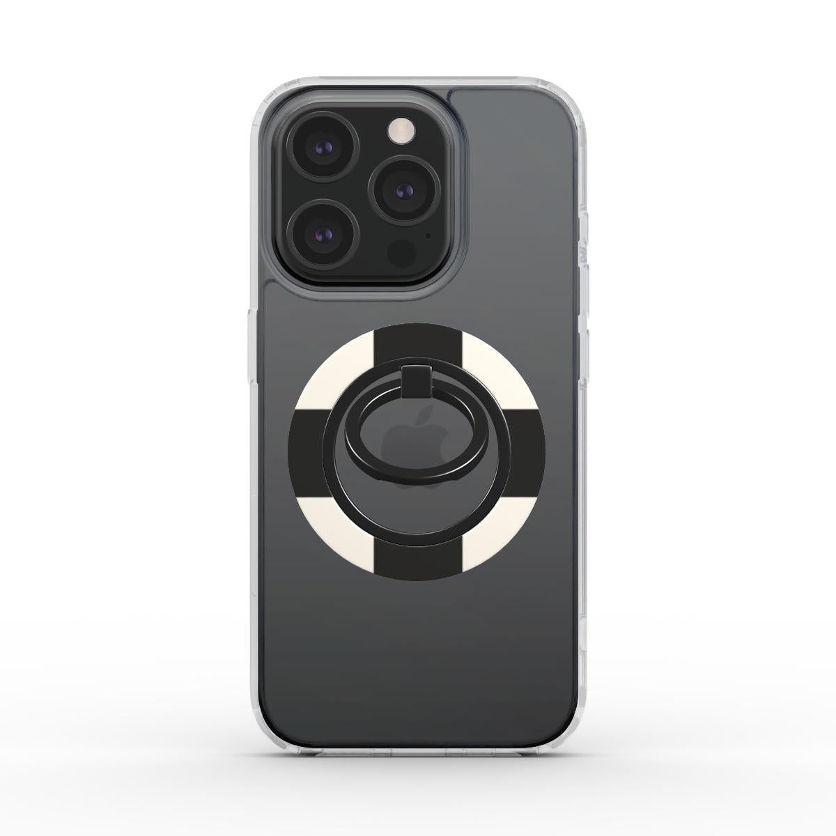 Black and cream ring holder with chequered design, ergonomic magnetic phone holder for secure grip and versatile use