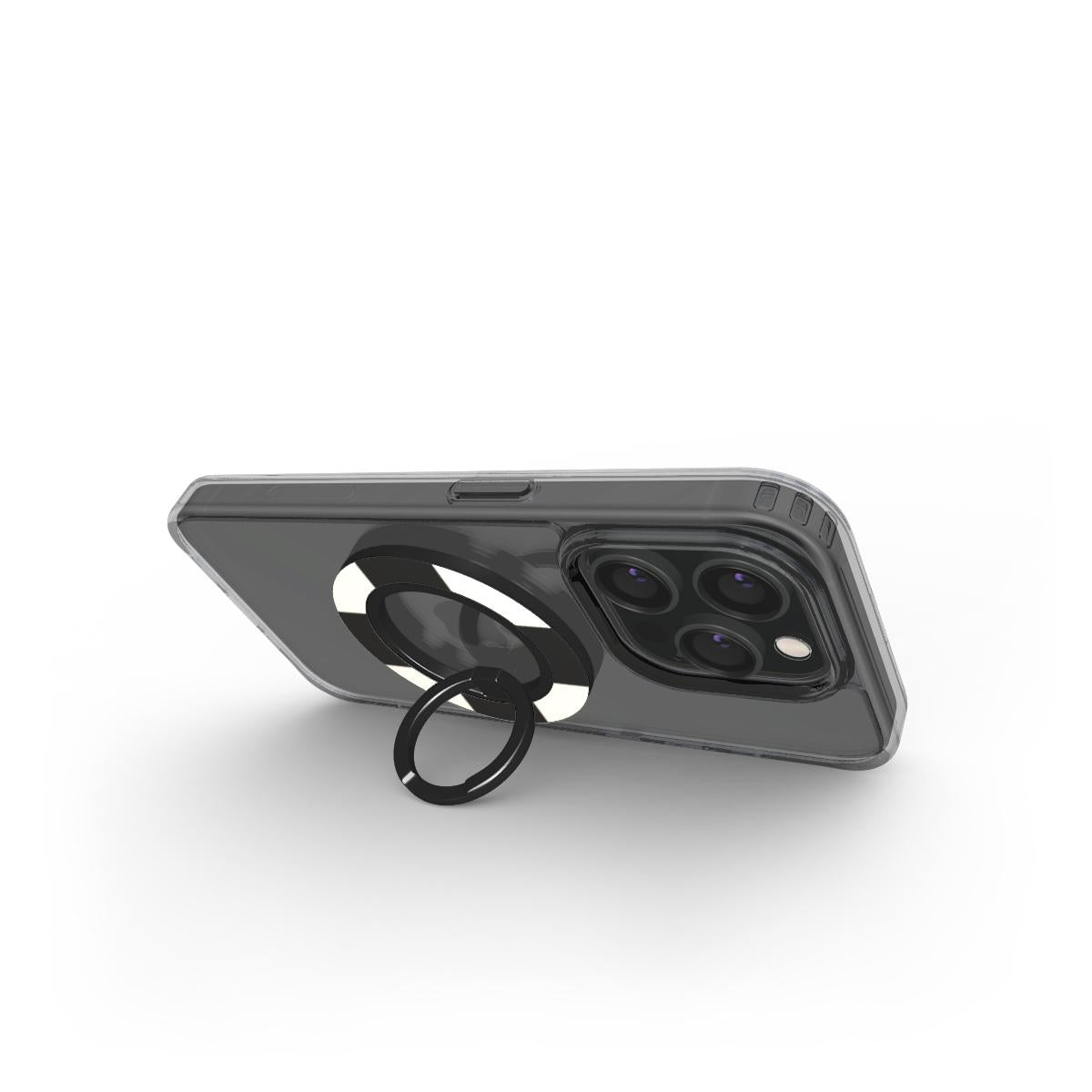 Black and cream ring holder with chequered design, ergonomic magnetic phone holder for secure grip and versatile use