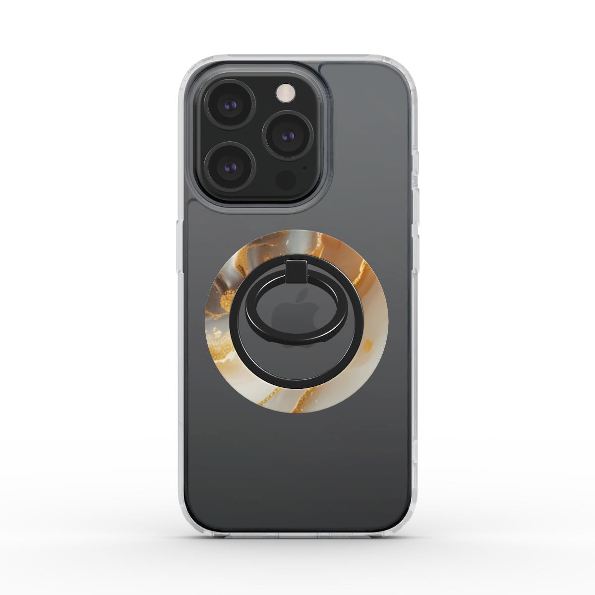 Marble and gold ring holder accessory with magnetic grip, luxury finish, and ergonomic design for secure phone handling