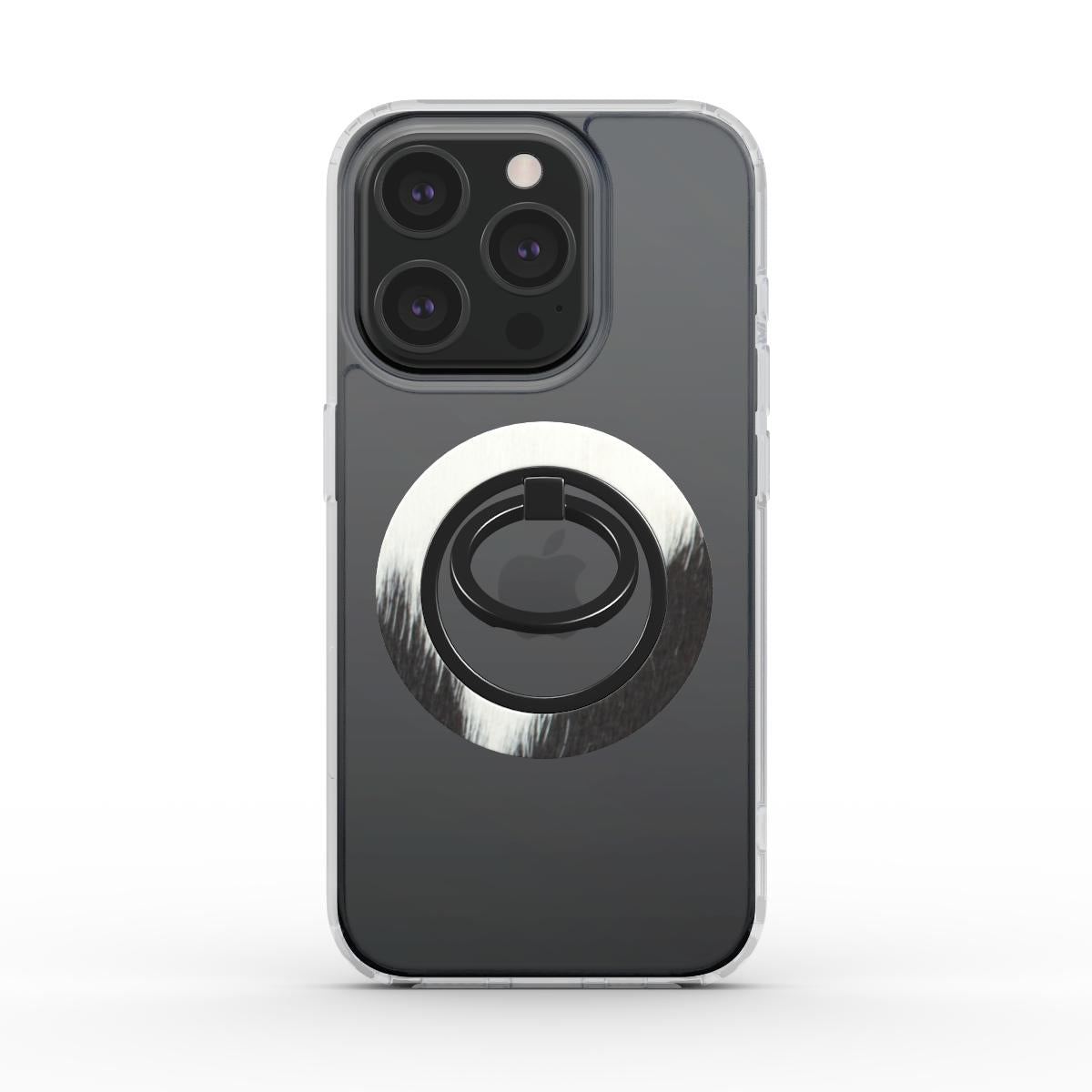 Cow hide ring holder with magnetic grip, ergonomic accessory for phones, 360° rotation, brown leather finish