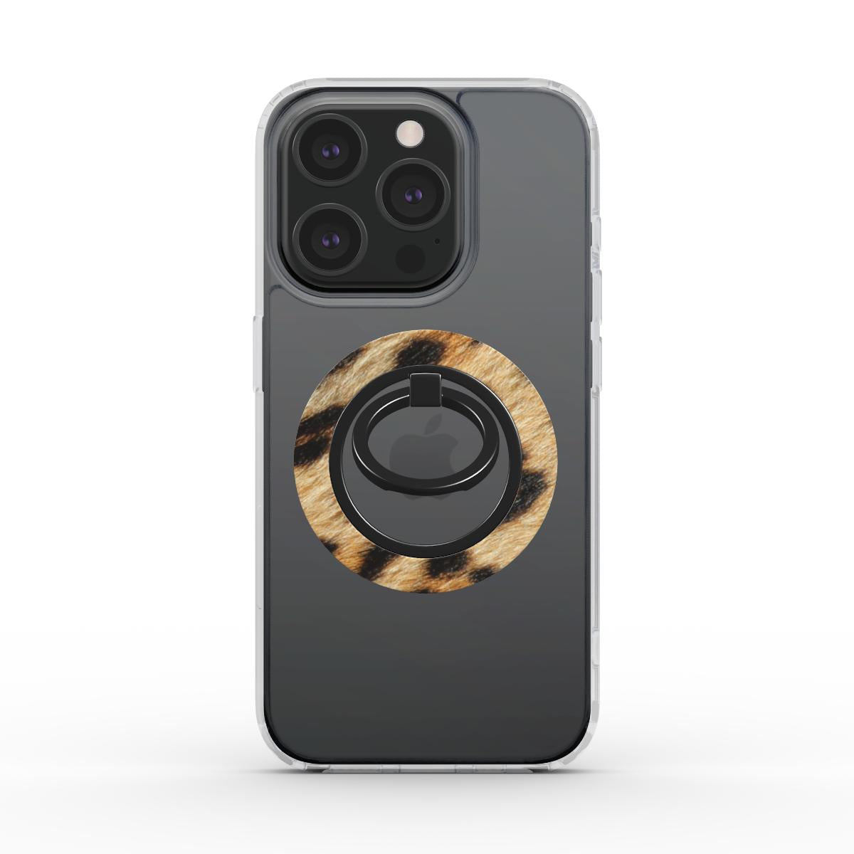 Leopard fur ring holder with magnetic grip, ergonomic design, and 360° rotation for secure phone handling