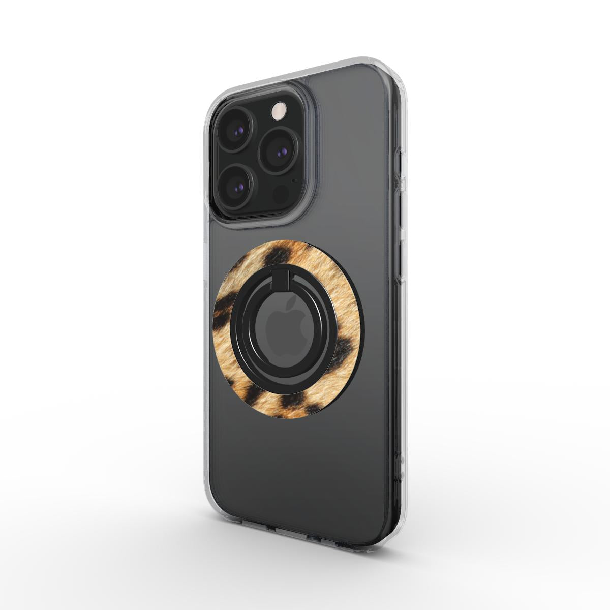 Leopard fur ring holder with magnetic grip, ergonomic design, and 360° rotation for secure phone handling
