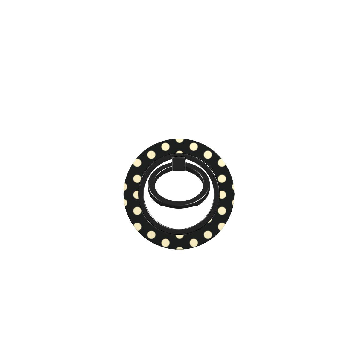 Vintage inspired black and cream polka dot ring holder with magnetic grip, ergonomic design, and retro style