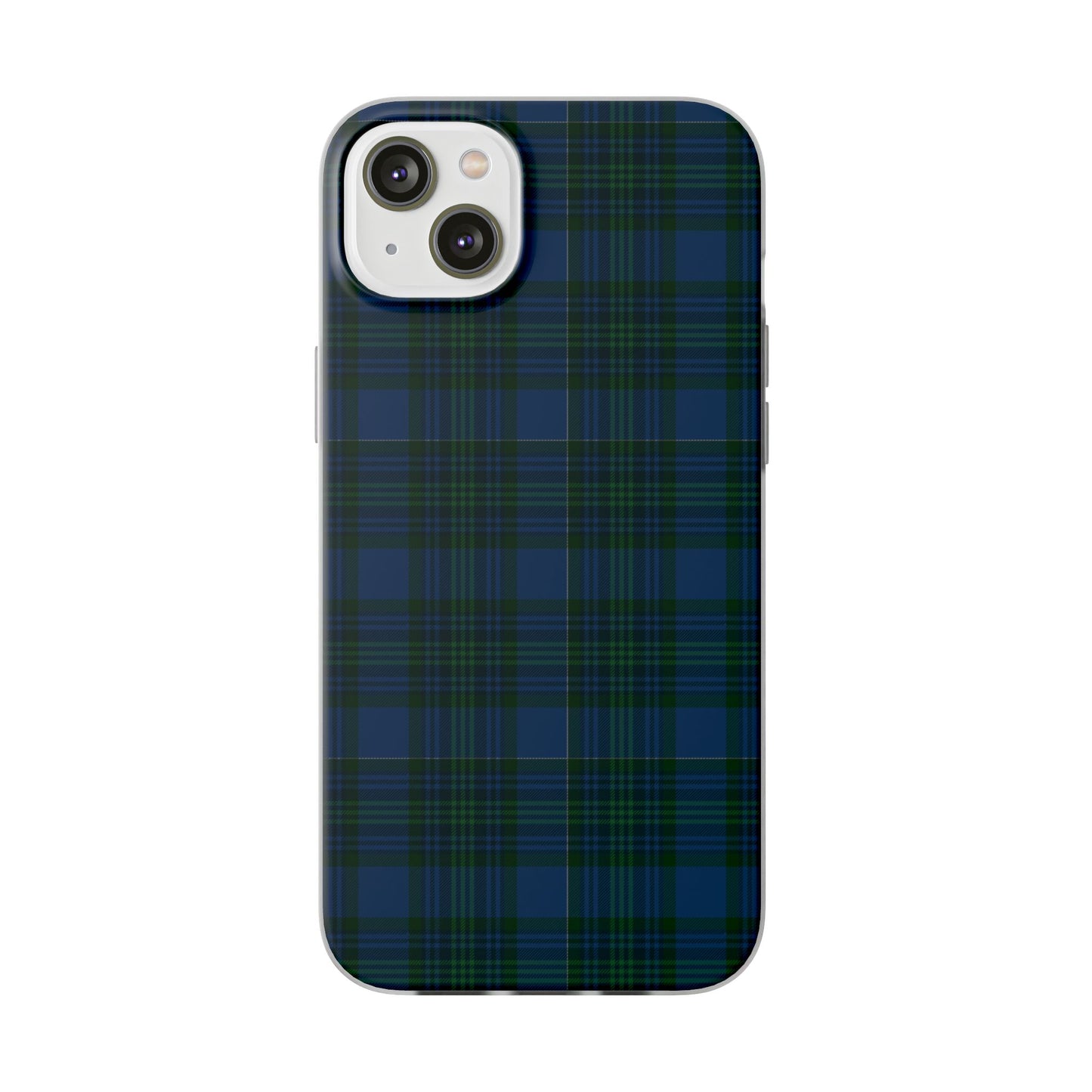 Navy green tartan phone case with flexible plaid design, slim shock-absorbing TPU, semi-transparent matte finish