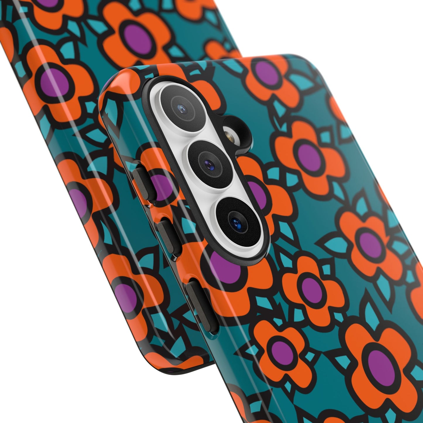 Floral Pop Tough Phone Case — Retro Orange & Teal Flower Pattern