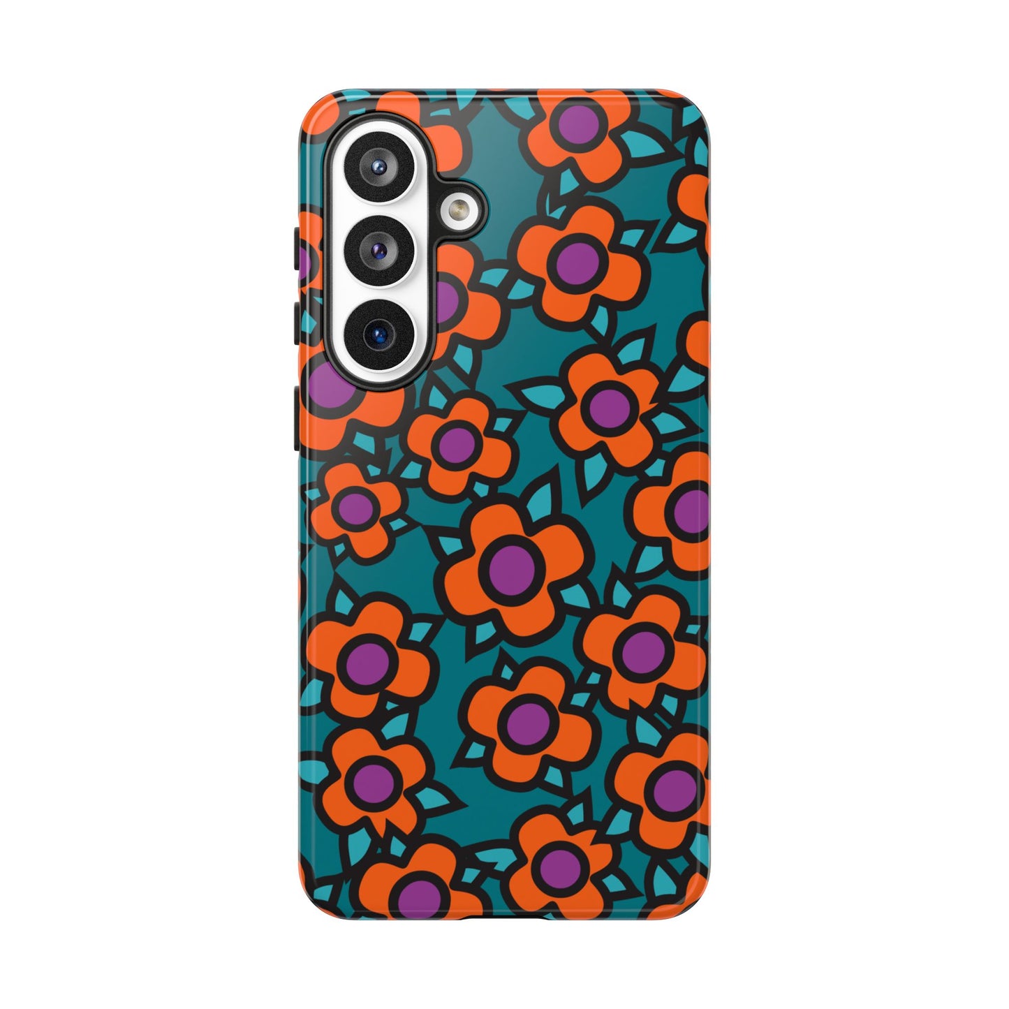 Floral Pop Tough Phone Case — Retro Orange & Teal Flower Pattern