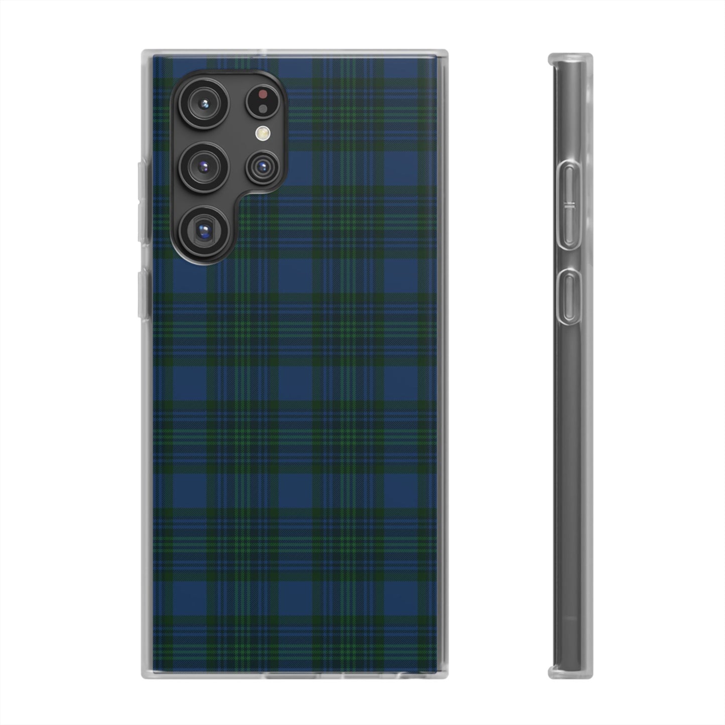Navy green tartan phone case with flexible plaid design, slim shock-absorbing TPU, semi-transparent matte finish