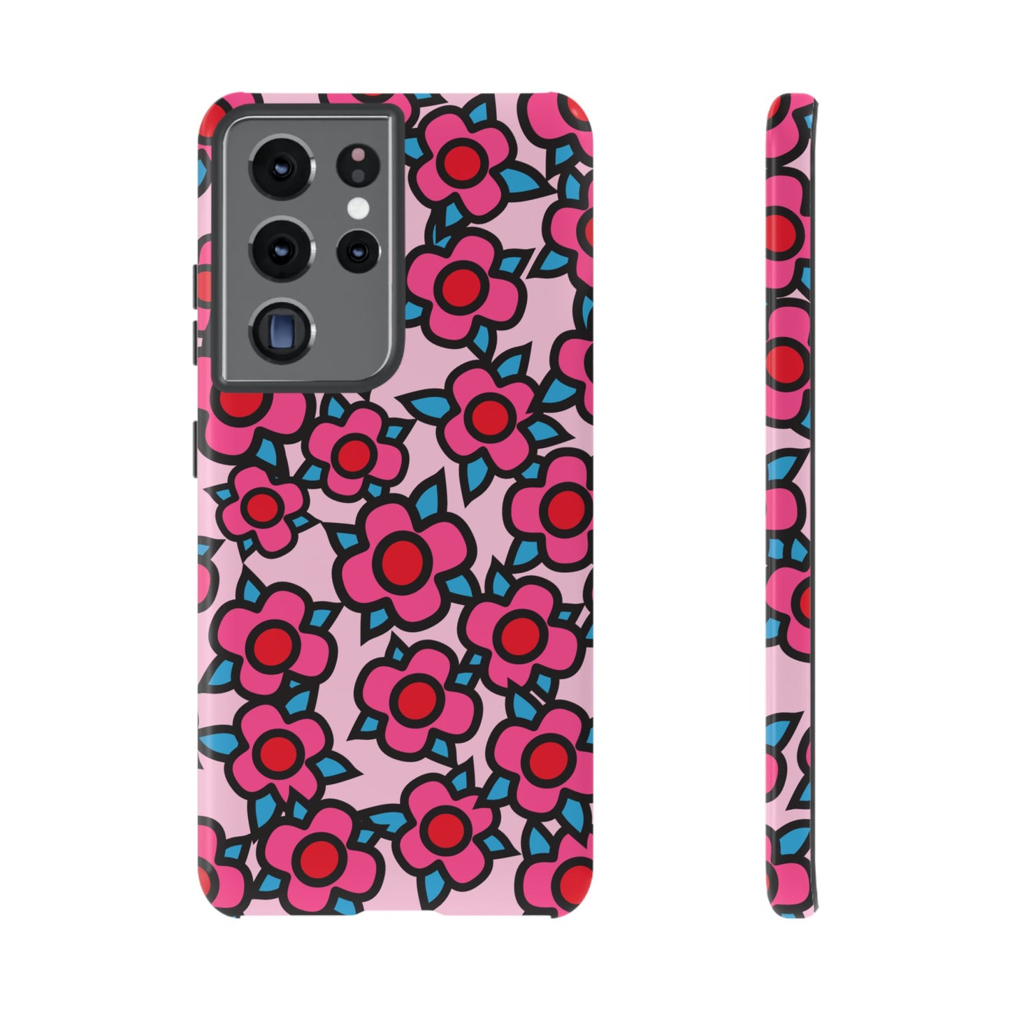 Floral Pink Tough Phone Case — Retro Red & Teal Flower Pattern