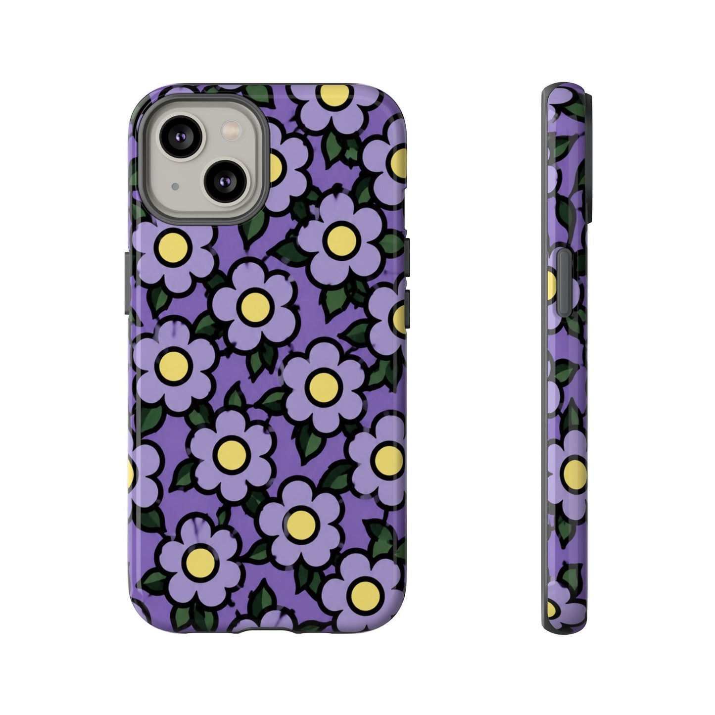 Purple Floral Tough Phone Case — Durable Protective Phone Cover with Cute Daisy Pattern