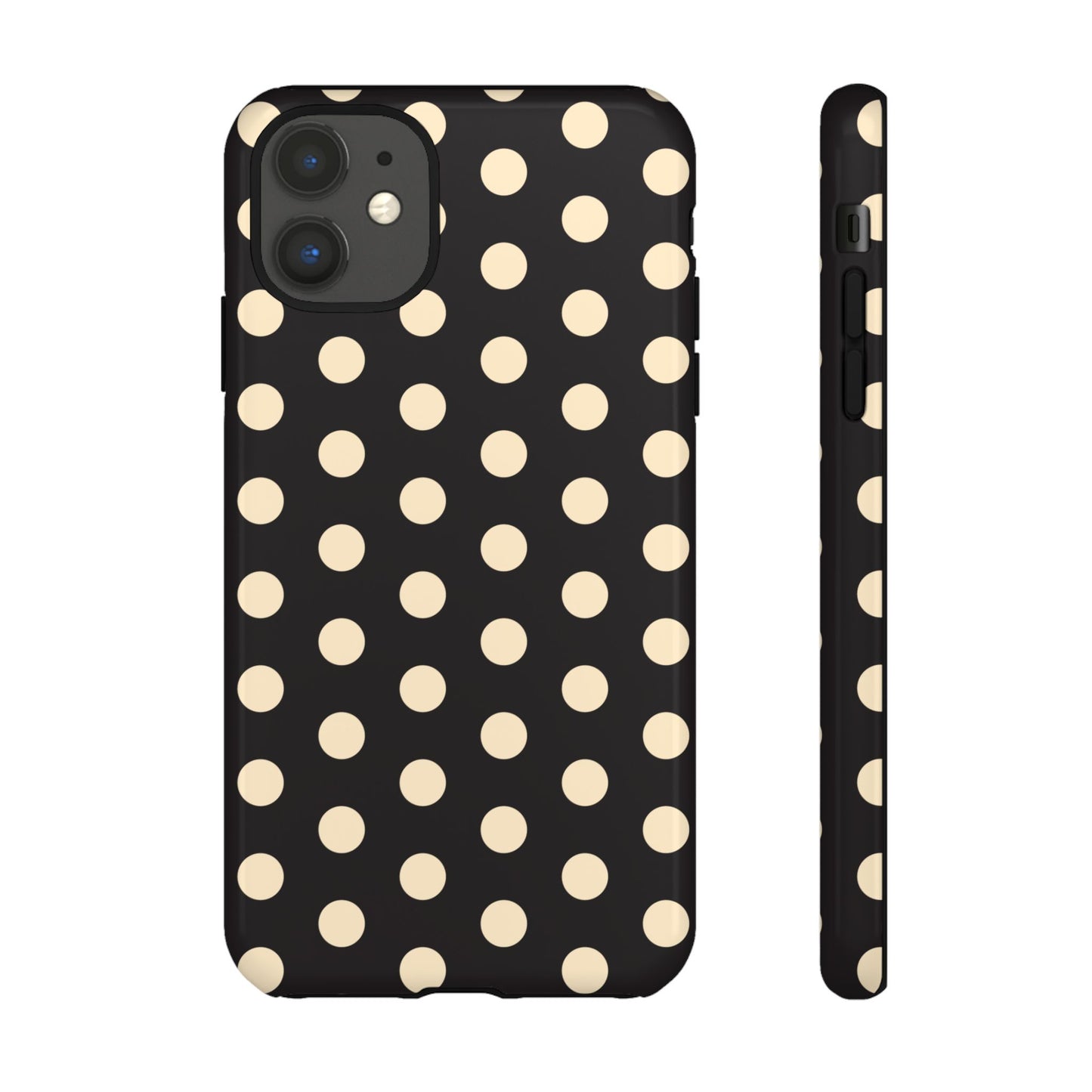 Polka Dot Tough Phone Case — Black with Cream Dots, Protective Slim Phone Cover