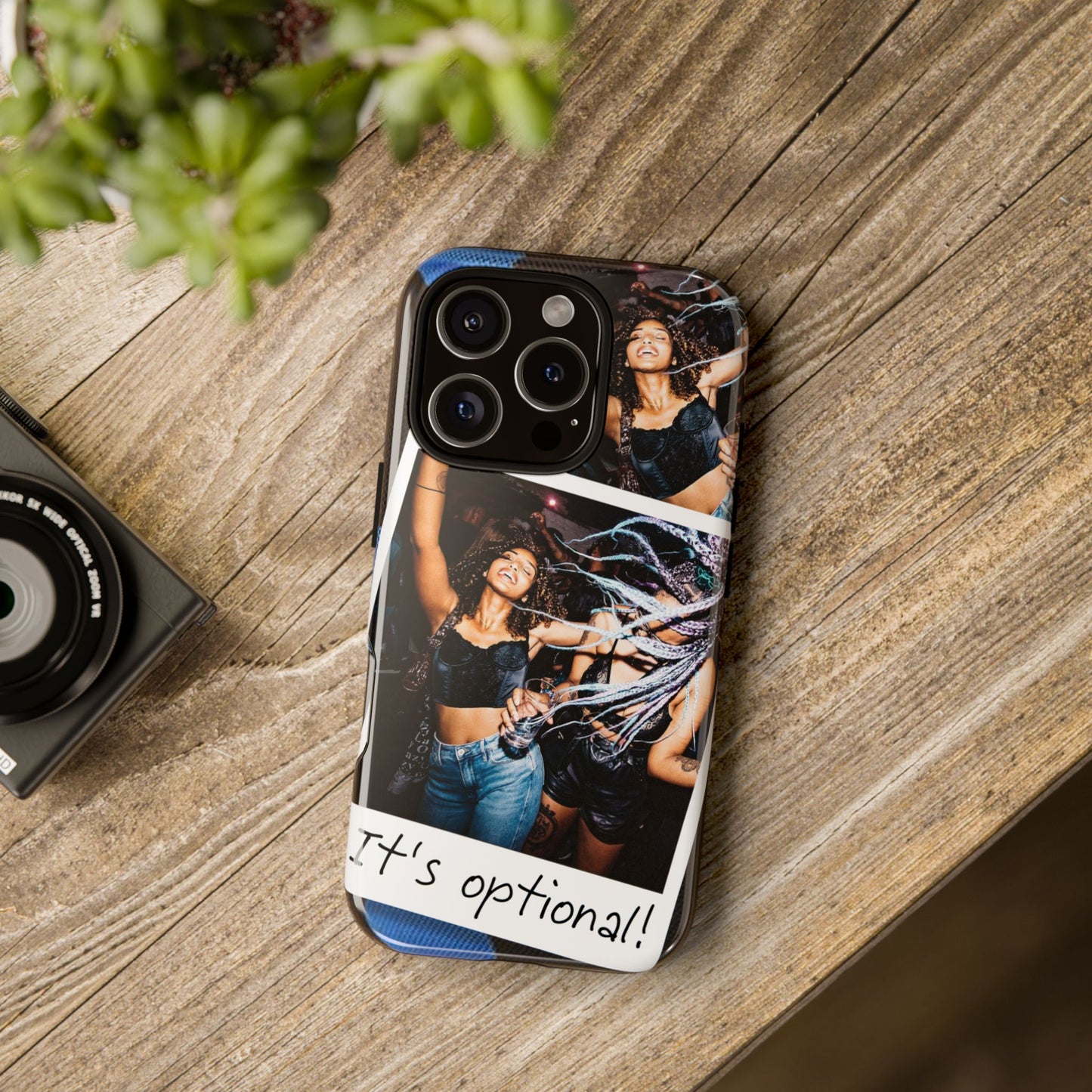 Two Image Personalised Polaroid Photo on Blue Polka Dot Protective Tough Case for Apple iPhone, Samsung Galaxy and Google Pixel.
