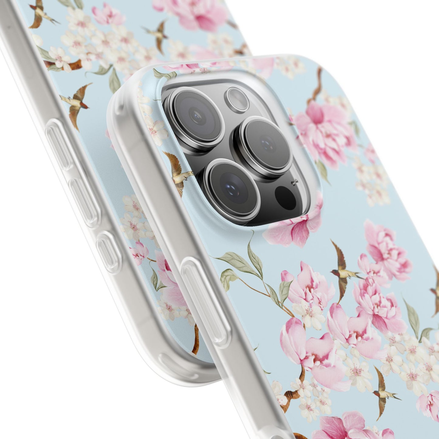 Floral Cherry Blossom Flexi Phone Case - Pink Blossoms on Sky Blue Flexible Case for Apple iPhone, Samsung Galaxy.
