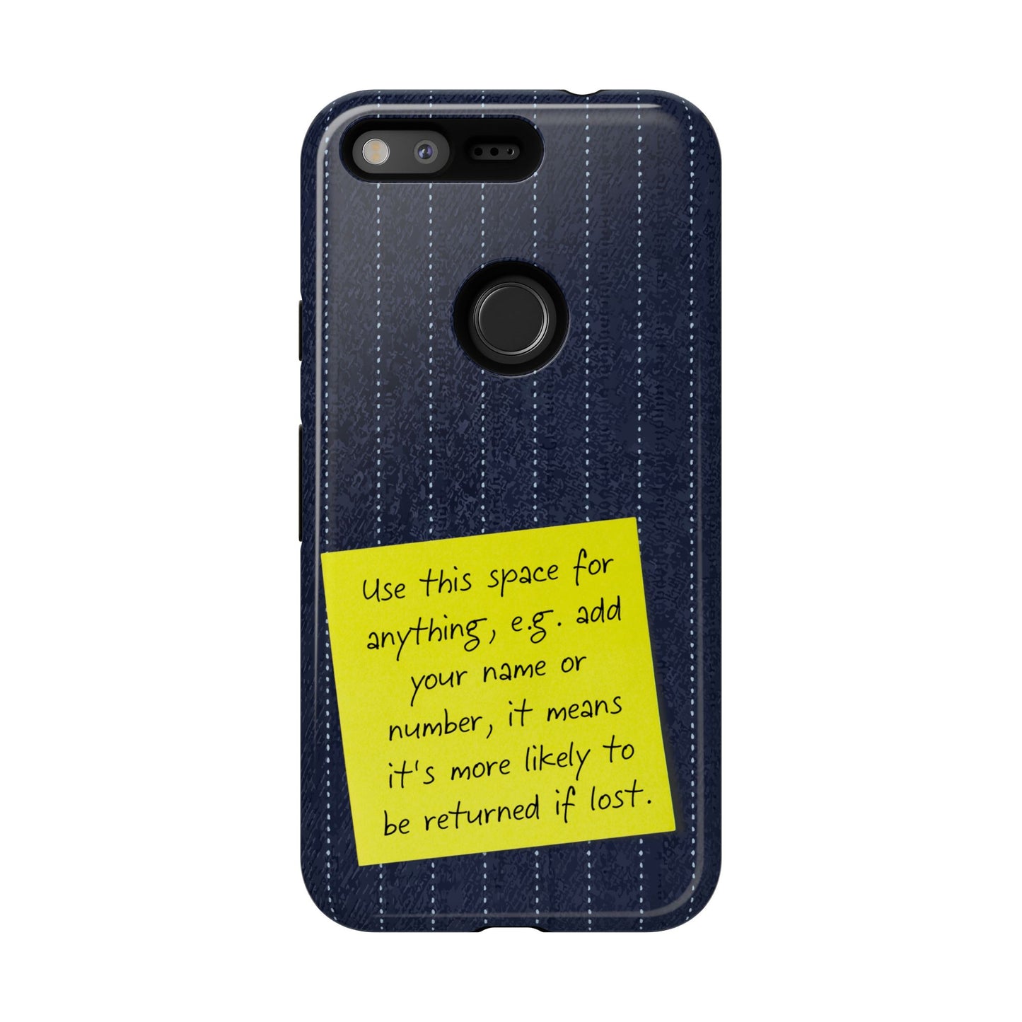 Navy Pinstripe Design with Yellow Sticky Note Personalised Tough Phone Case for Apple iPhone, Samsung Galaxy and Google Pixel.