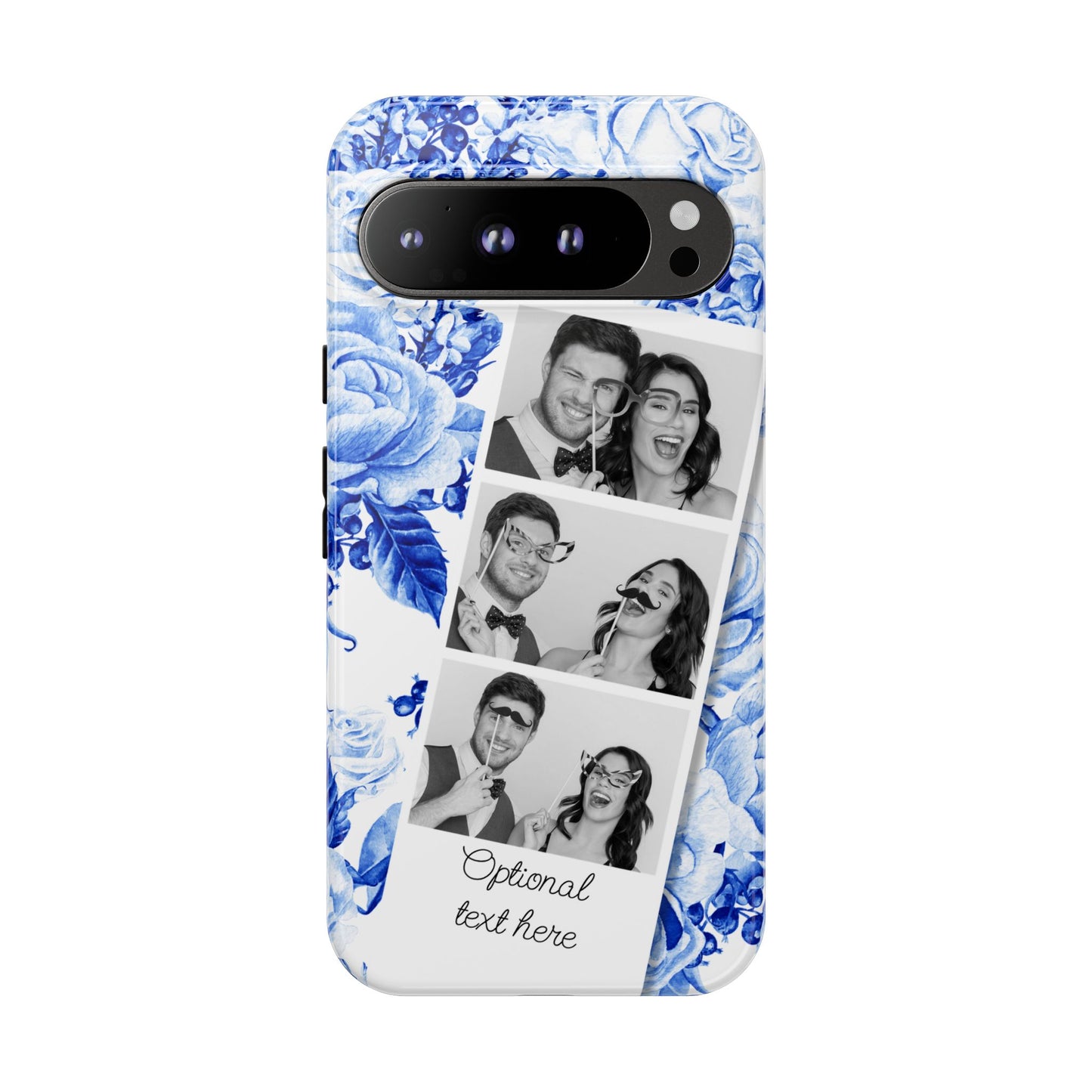 Three Photo Personalised Blue Floral Image Strip Custom Phone Case