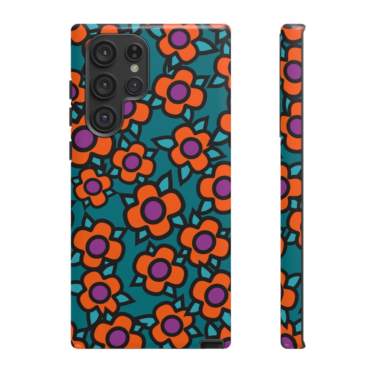 Floral Pop Tough Phone Case — Retro Orange & Teal Flower Pattern