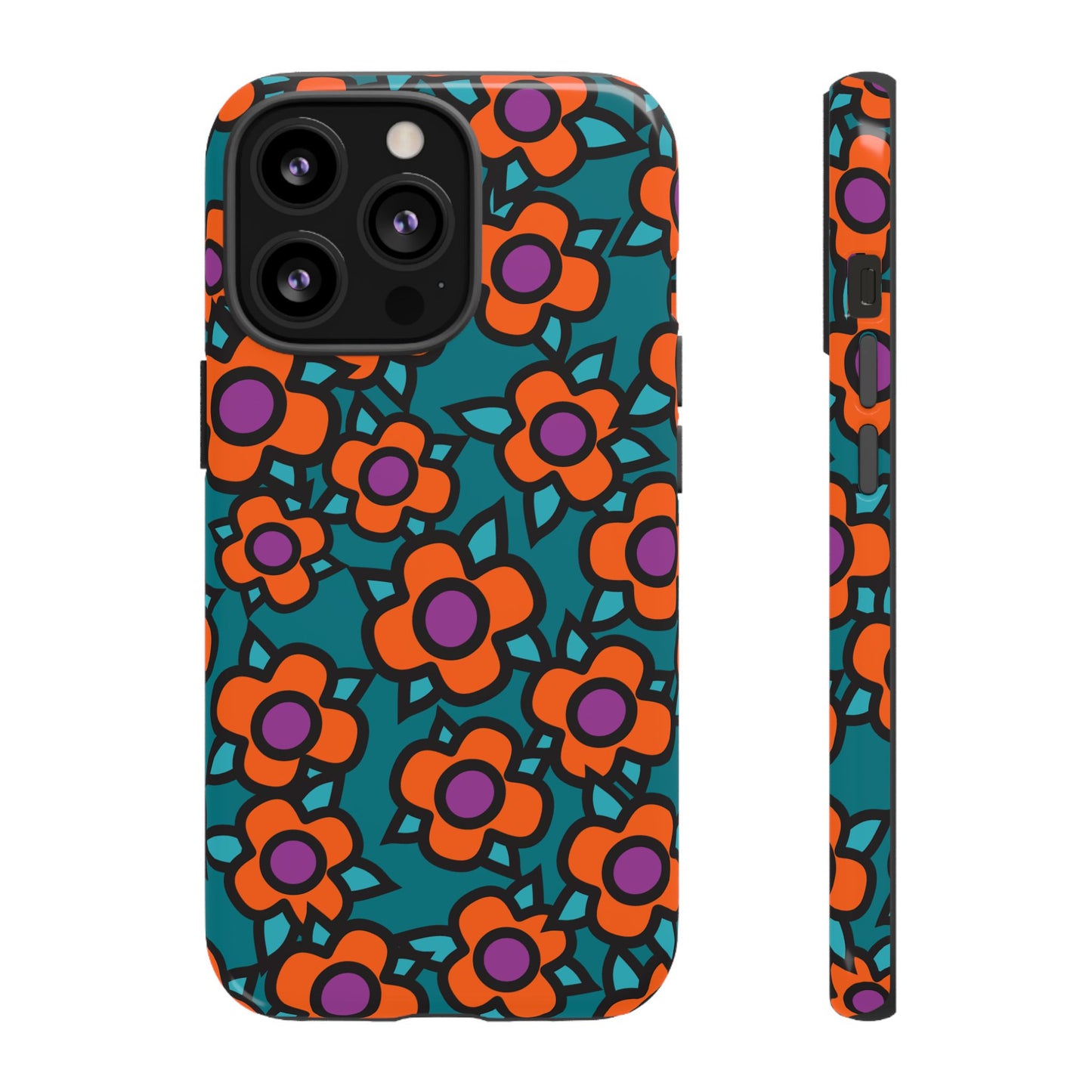 Floral Pop Tough Phone Case — Retro Orange & Teal Flower Pattern
