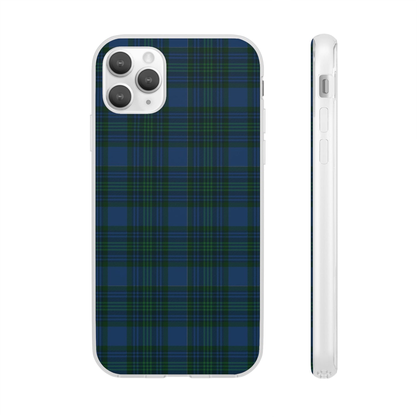 Navy green tartan phone case with flexible plaid design, slim shock-absorbing TPU, semi-transparent matte finish