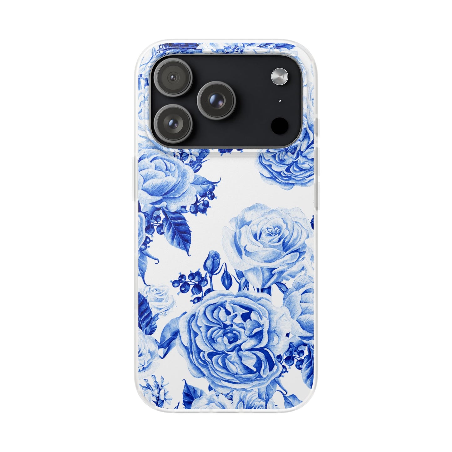 Blue Floral Phone Case — Hand-Painted Rose Pattern Flexi Case for Apple iPhone, Samsung Galaxy and Google Pixel.