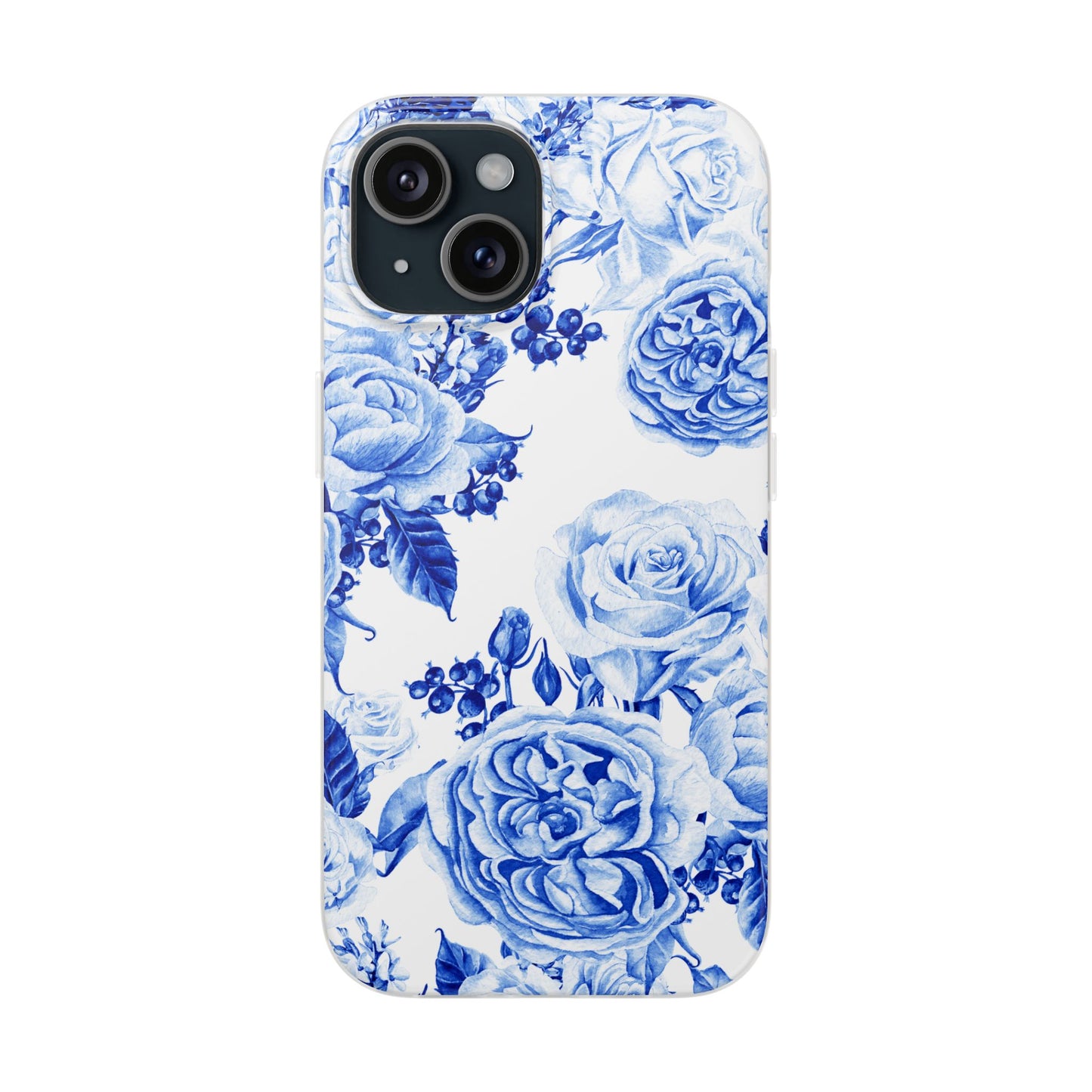 Blue Floral Phone Case — Hand-Painted Rose Pattern Flexi Case for Apple iPhone, Samsung Galaxy and Google Pixel.