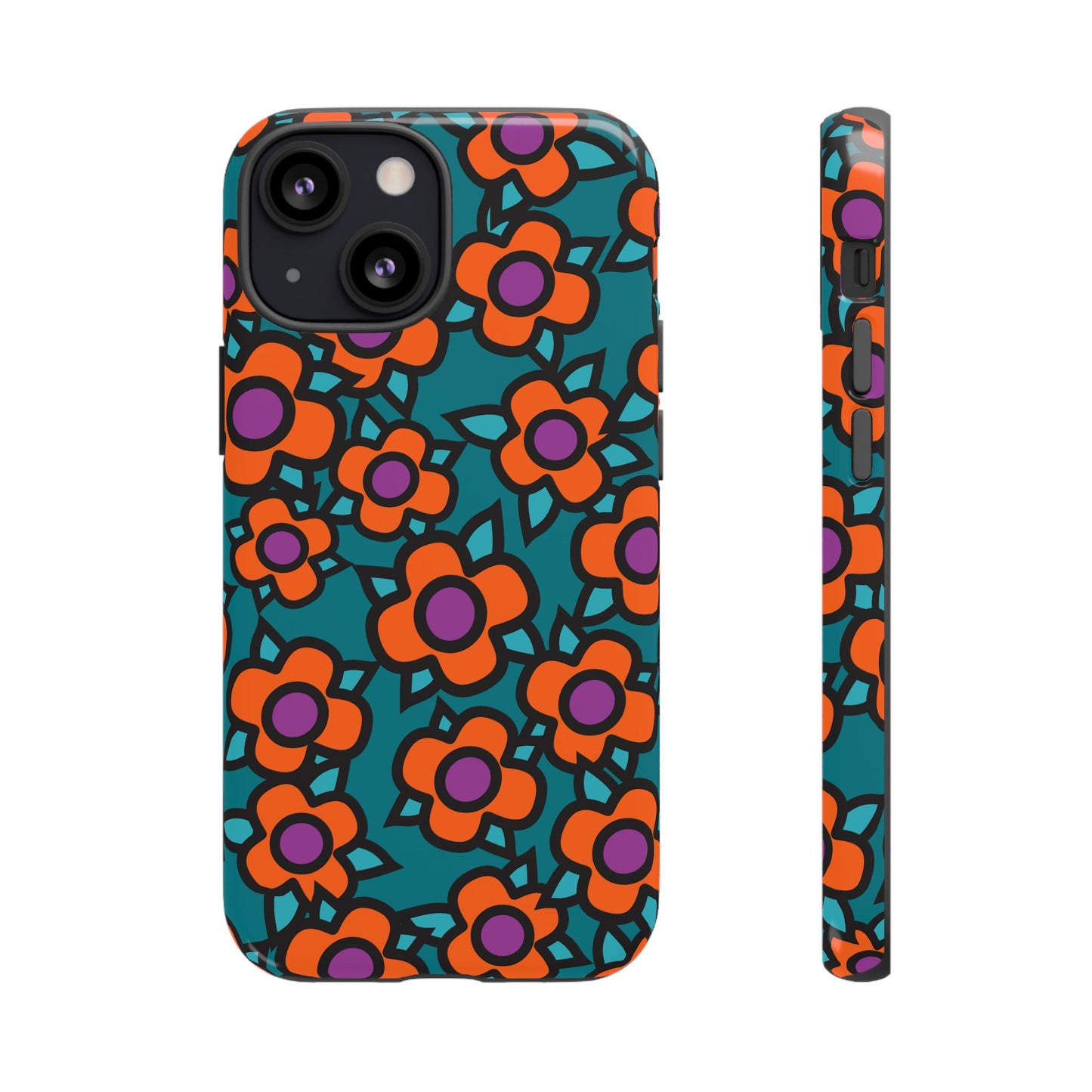 Floral Pop Tough Phone Case — Retro Orange & Teal Flower Pattern