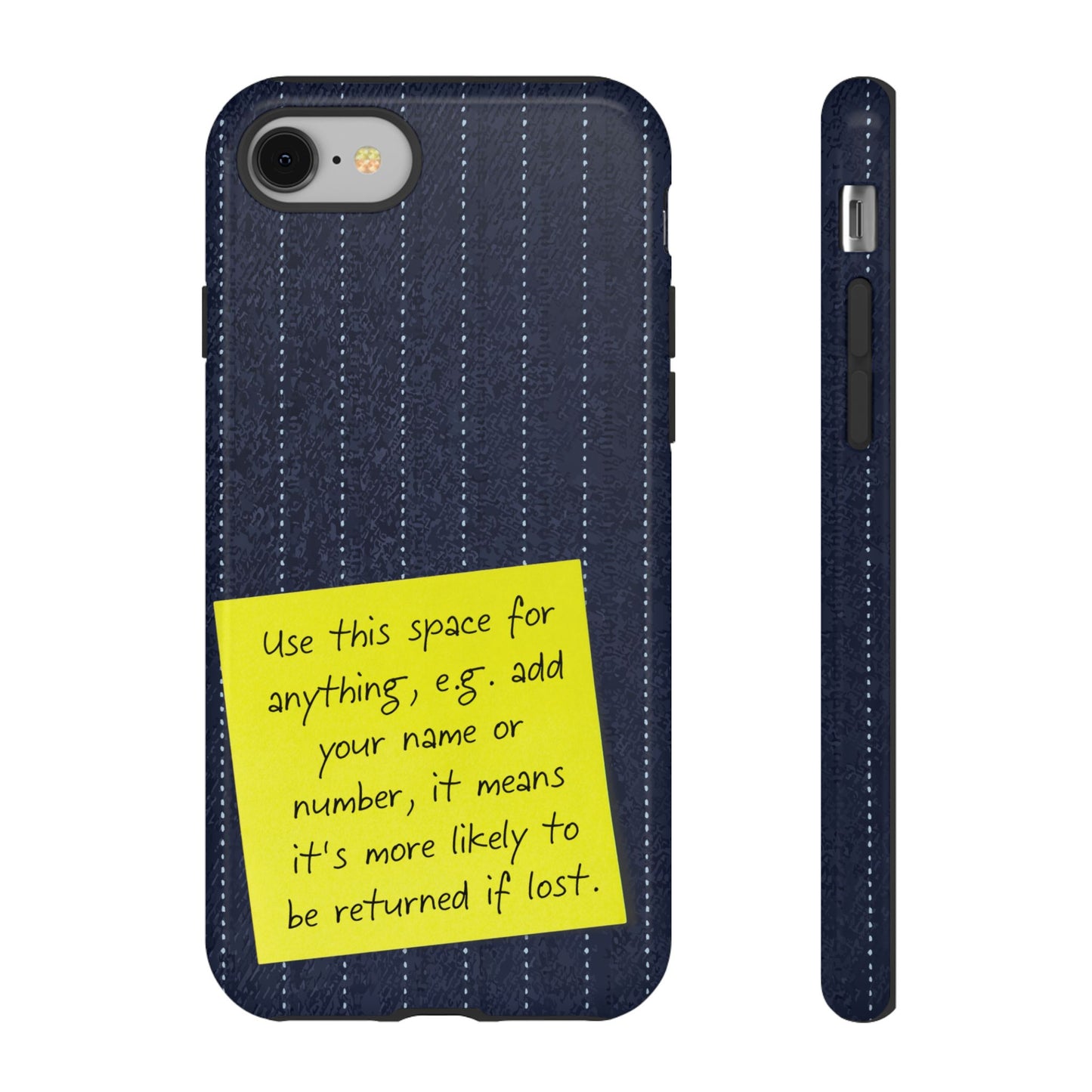 Navy Pinstripe Design with Yellow Sticky Note Personalised Tough Phone Case for Apple iPhone, Samsung Galaxy and Google Pixel.