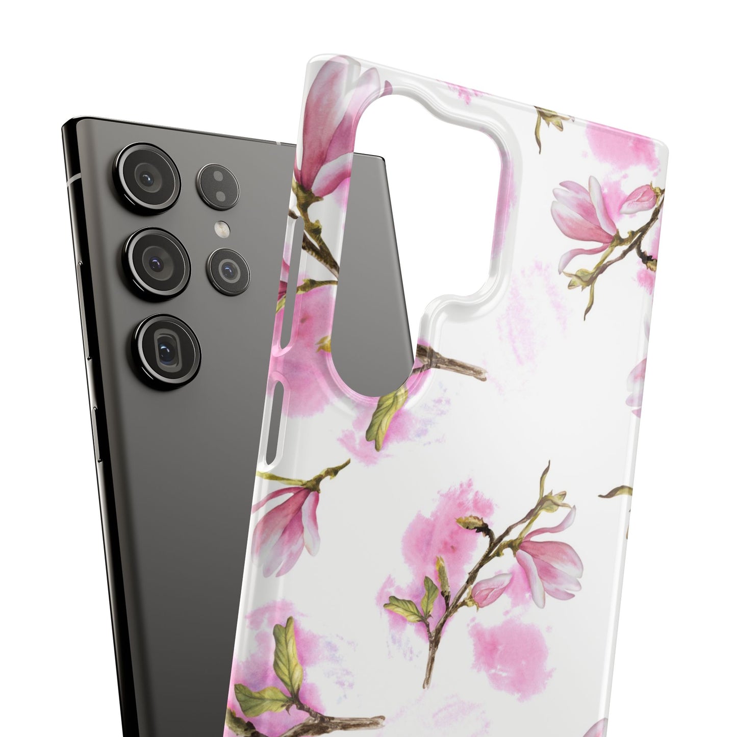 Floral Magnolia Slim Phone Case – Pink Watercolor Snap Case for Apple iPhone and Samsung Galaxy.